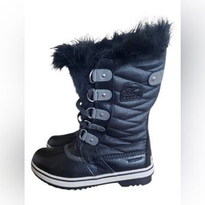 Sorel Torino II women’s 7 waterproof blue and black boots with faux fur collar